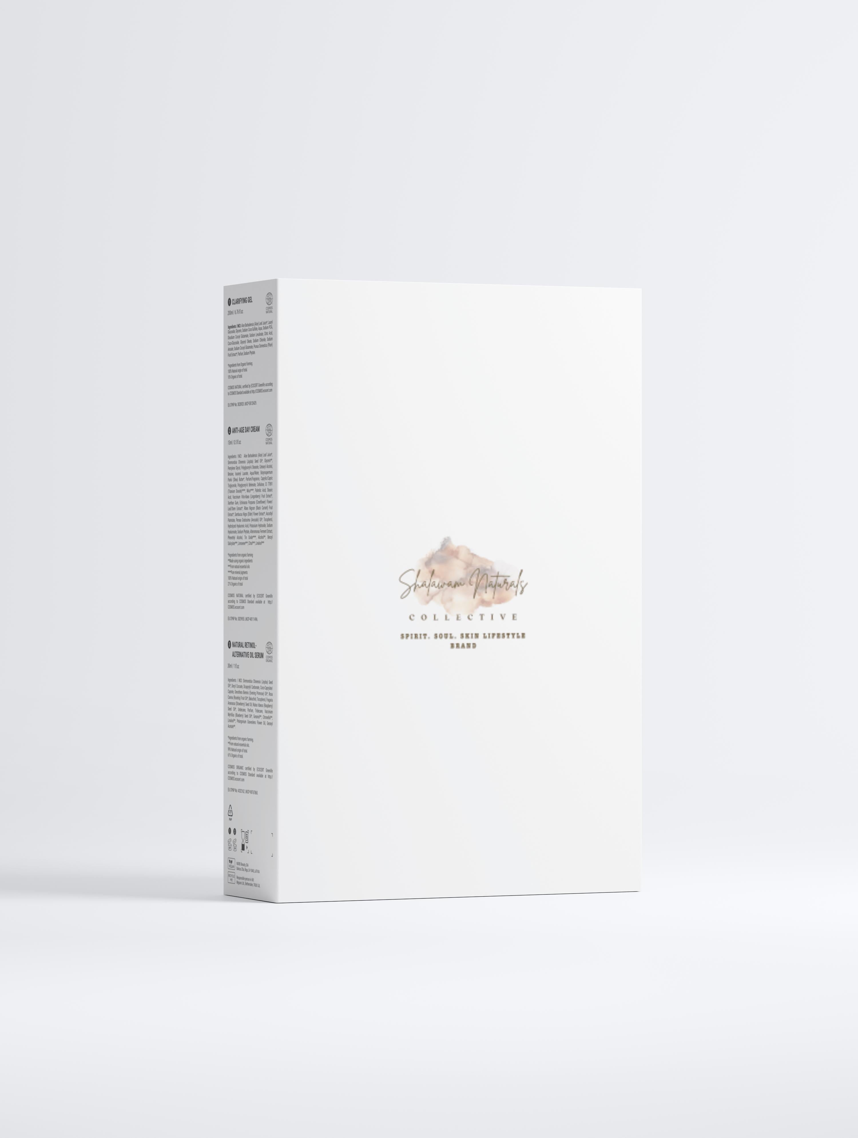 Tall rectangular box with text and a logo on a white background